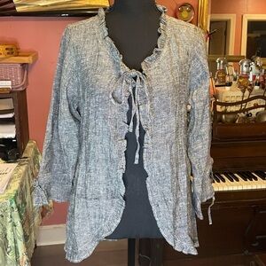 Beautiful 100 linen NWT paper lace dark grey jacket blouse Ruffle edge SMALL